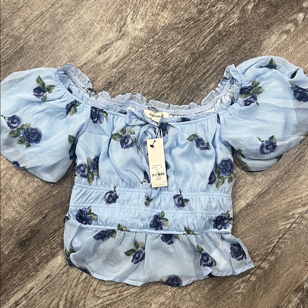 Francescas Light Blue Floral Off-Shoulder Blouse